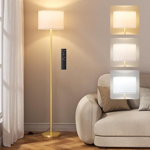 Ambimall Dimmable Floor Lamp for Living Room with Remote, 9W 900LM LED Bulb Included, Beige Shade Gold Pole