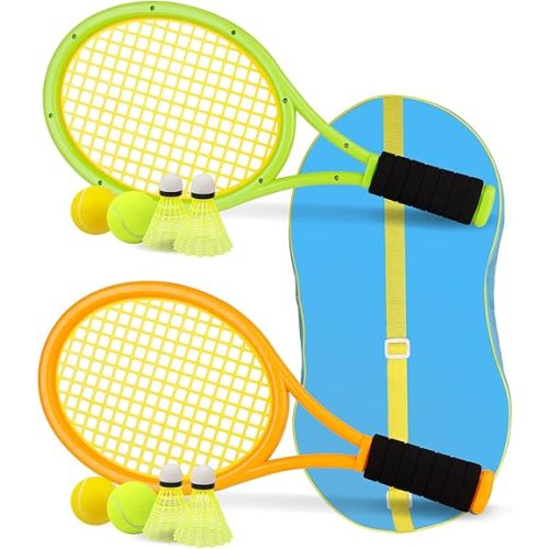 Kids Tennis Racket,17 Inch Plastic Tennis Racket with 2 Soft Balls,2 Tennis Balls and 4 Shuttlecocks for Kid,Toddler Outdoor/Indoor Sport Play