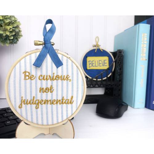 Be Curious Not Judgemental Framed Small Embroidery Art, Handmade Christmas Ornament, Believe Sign, Walt Whitman Quote, Office Cubicle Decor