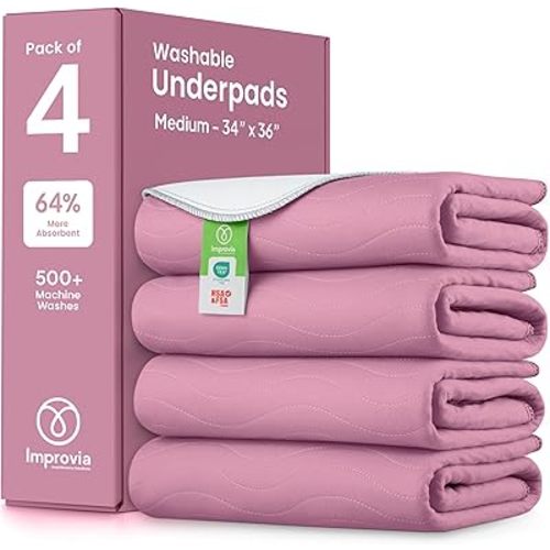IMPROVIA® Washable Underpads, Heavy Absorbency Reusable Incontinence Pads for Kids, Adults, Elderly, and Pets, Waterproof Protection Floor (Pink and White, 34" x 36" - Pack of 4)