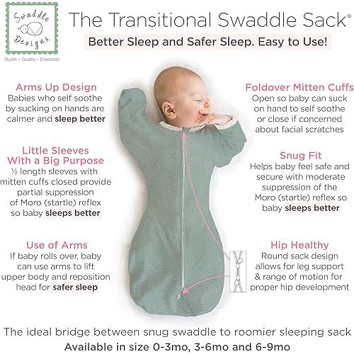 SwaddleDesigns Transitional Swaddle Sack with Arms Up Half-Length Sleeves and Mitten Cuffs, Small, 0-3 Months, 6-14 lbs, Heathered Jadeite (Arms Up Swaddle, Transition Swaddle Sleep Sack)