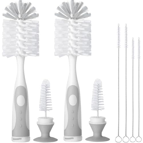 Gray Baby Bottle Brush 2-Pack, Suction Base & Hidden Cleaner | 2-pack nylon baby bottle wash kit with concealed detail brush & straw cleaners for high-efficiency daily accessory care.