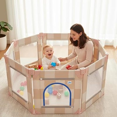 Tiny Marvels Baby Playpen, 50 x 50 in Play Pen for Babies and Toddlers, Foldable Baby Playpen, Play Yard for Infants with Breathable Mesh, Playard with Gate (Sand Checks,Mat not Included)