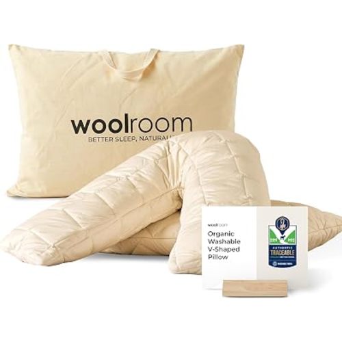 Pregnancy pillow WOOLROOM Organic V-Shaped Washable Wool Pillow - 100% Natural Traceable Washable Organic Wool Organic Cotton 300 Thread Adjustable Bed Pillow - Feather Down Alternative Bedding