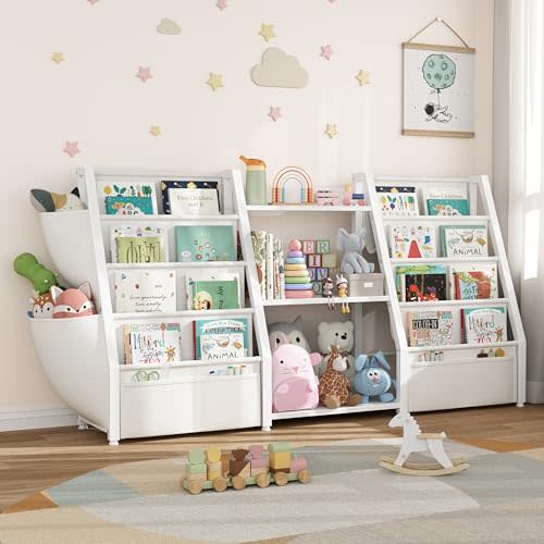 MEUIS 3 Tier Small Kids Bookshelf and Toy Storage, Sling Bookcase, White | Kids Toy Storage Organizer, Toddler Storage Unit for Bedroom Nursery Kids Room Playroom Floor Bookcase (KB05-3W)