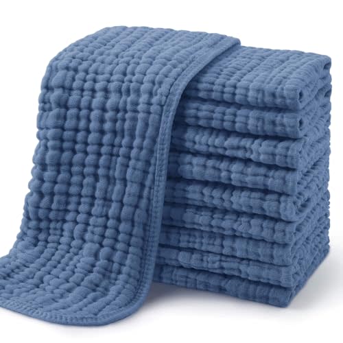 Yoofoss Muslin Burp Cloths for Baby 10 Pack 100% Cotton Baby Washcloths for Boys Girls Large 20''X10'' Super Soft and Absorbent Dark Blue