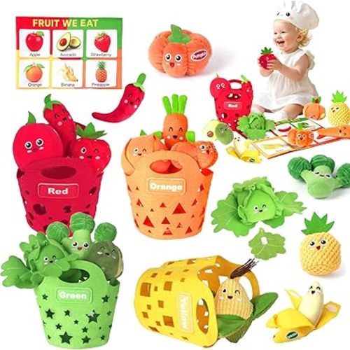 Baby Sensory Toys - Plush Color Sorting Fruit Veggie Baby Toys 6-12 Months, Pretend Play Food with Rattle Crinkle for Toddlers 1-3, Birthday Valentines Day Easter Gift for 1 Year Old Boys Girls