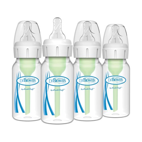 Dr. Brown's Natural Flow Anti-Colic Options+ Narrow Baby Bottle, 4 oz/120 mL, with Level 1 Slow Flow Nipple, 0m+, 4 Bottles 4 Pack, 4oz, Clear