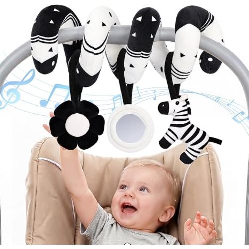 URMYWO Spiral Car Seat Baby Toys 0-6 Months, High Contrast Black and White Sensory Toys for Newborn, Infant Hanging Stroller Toy with Zebra Rattle, Squeaky Flower & Mirror, Shower Gift Essentials