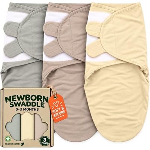 Newborn Swaddle Blanket 3-Pack, S/M 0-3 Months, GOTS Certified Organic Cotton, Adjustable Hook-and-Loop Wrap, Soft Breathable Sleep Sack, Reduces Startle Reflex for Boys & Girls