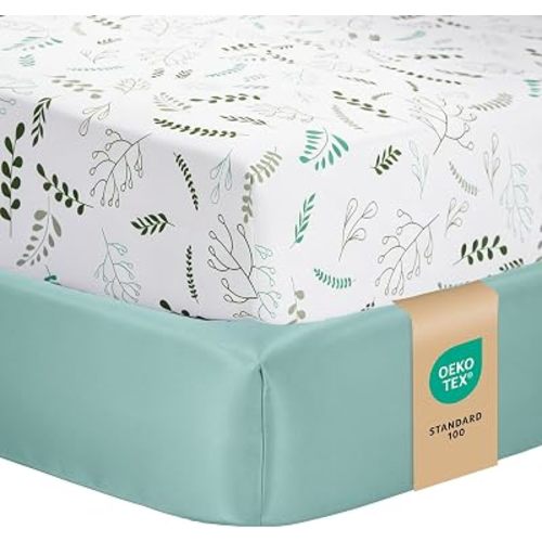 Baby Crib Sheets for Boys Girls, Toddler Bed Sheets Fitted for 52x28 Inch Standard Crib Mattress for Neutral, Set of 2 Super Soft Breathable Microfiber, Leaf, Dark Green