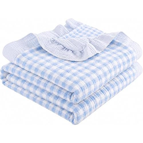 Breling Blue Gingham Muslin Baby Blankets for Girls Boys, 100% Cotton Crib Blanket for Infant Toddler, 40 x 36 Inch Soft and Lightweight Nursery Swaddling Wrap