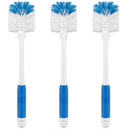 Bottle Brush with Long Handle for Baby Bottle, Cup, Glass Cleaning, 3 Pack | Water Bottle Cleaner, Dual Bristles Scrubber, Narrow Neck Tumbler Wine Washer, Blue