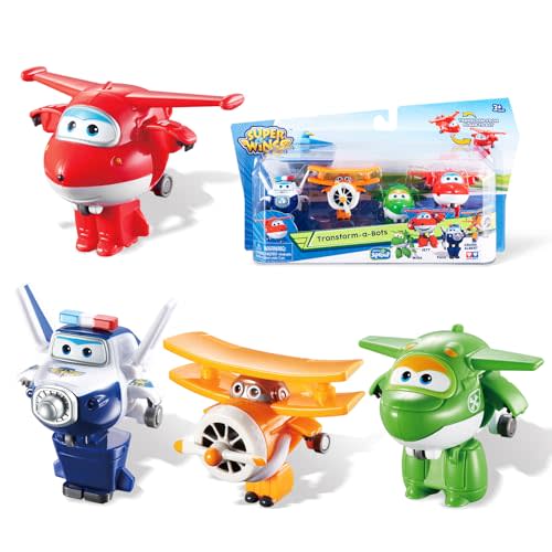 Super Wings 2" Transform-A-Robots 4 Pack Jett, Paul, Mira, and Grand Albert, Airplane Toys Mini Action Figures, Transformable Toys for 3+ Years Old Boys and Grils