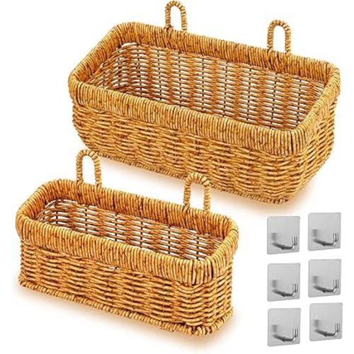 2 pack Wall Hanging Baskets for Storage Square Woven Hanging Basket with Hangers Boho Style Hanging Storage Basket for Home Decor Bathroom Kitchen