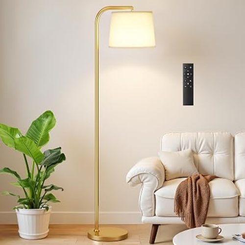 Ambimall Remote-Controlled Floor Lamp - Color Temperature Adjustable and Fully Dimmable, Standing Lamp for Living Room with Rotating Head, Tall Lamp for Bedroom, 9W Bulb Included (Gold and Beige)