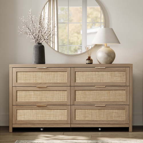 SICOTAS 56.85" 6 Drawer Tall Dressers,Rattan Dresser with Large Storage Space Boho Dressers & Chests of Drawer Wooden Dressers for Bedroom,Light Oak