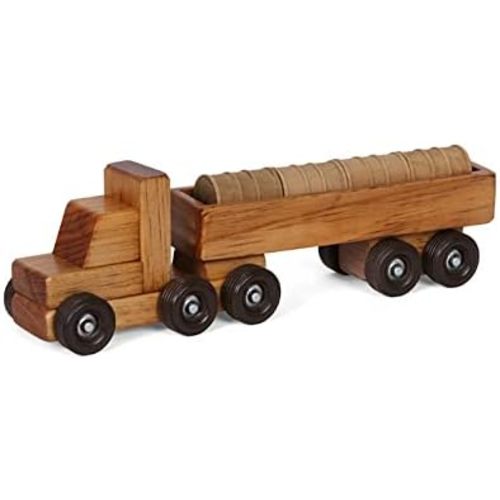 AmishToyBox.com Wooden Barrel Truck Toy - with Removable Wood Barrels - Child-Safe Harvest Stain Finish