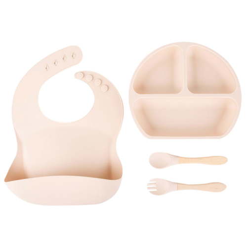 4PCS/Set Pack Silicone Baby Feeding Set Baby Led Weaning Supplies Includes Suction Divided Plates Soft Bowl Spoons Forks Adjustable Bib Snack Cup and Straws for Baby