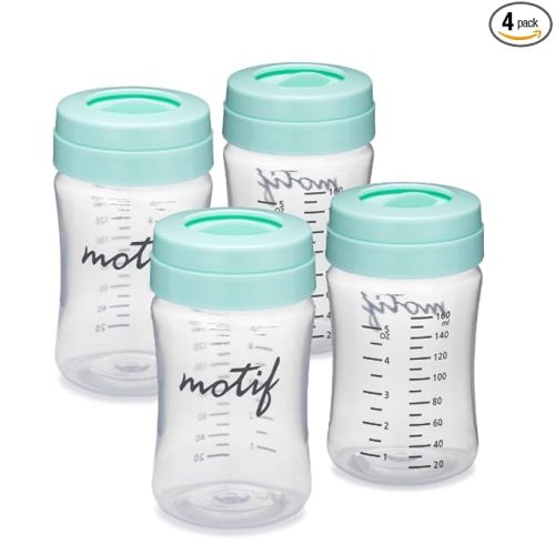 Motif Medical Breast Milk Storage Bottles for Luna Breast Pump - Durable Plastic Breastfeeding Essentials w/Locking Rings, Lids & Nipple Caps - Breast Milk Container (Set of 4, 160 ml)