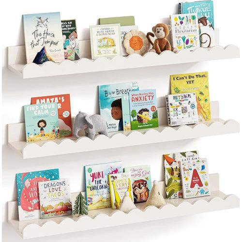 Nursery Book Shelves, Set of 3, Nursery Decor for Baby and Toddler, Scalloped Shelves, Book Shelf for Kids Rooms, Wall Book Shelf for Bedroom Kids, Floating Shelf for Wall