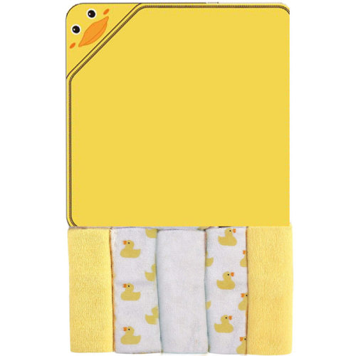 Ophelia & Co. 6 Pack 1 Hooded Bath Towel And 5 Washcloths Set, Premium Ultra Soft Reusable Cotton Bath Towel, Unisex Birthday Gifts, Yellow Duck Pattern, 30 X 30 Inch/ 9.5 X 9.5 Inch | Wayfair