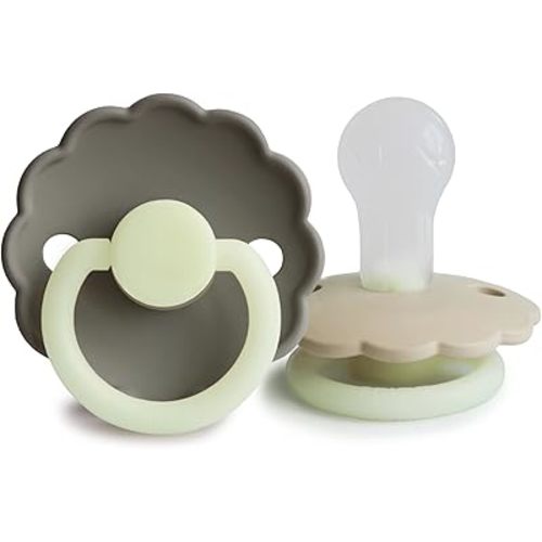FRIGG Daisy Night SilkySoft Silicone Baby Pacifier | Made in Denmark | BPA-Free (Portobello/Croissant, 0-6 Months)