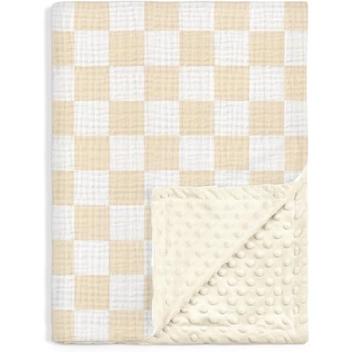 Checkered Baby Blankets for Boys Girls, Soft Nursery Minky Blankets with Muslin and Dotted Fleece Back 30x40 inches, Receiving Bed Quilt for Newborn, Infants, Toddlers