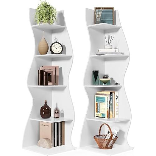 LITTLE TREE 70-Inch Corner Shelf, Seaweed Shaped Etagere Display Bookshelf, Freestanding 5-Tier Wall Shelves for Small Spaces, Bedroom, Living Room, 2 Pack, White
