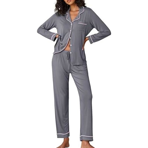 Ekouaer Pajamas Women's Long Sleeve Sleepwear Soft Button Down Loungewear Pjs Lounge Set Nightwear XS-XXL