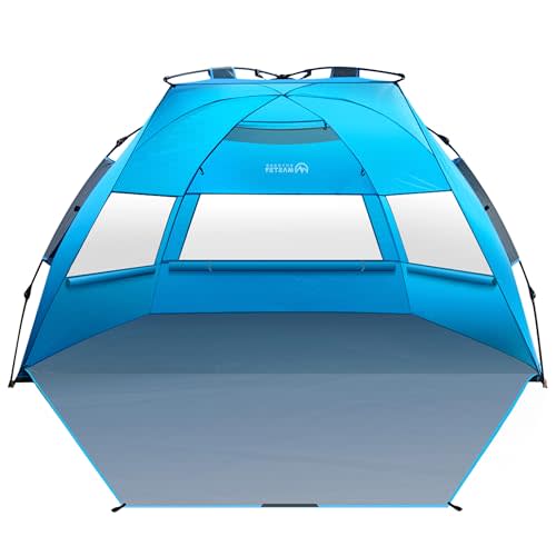 OutdoorMaster Beach Tent Sun Shelter for 3-4 Person, Pop Up Beach Tent Easy Setup with Sandbags, Portable Sun Shade Canopy with Carrying Bag for Beach & Outdoor, UPF50+ UV Protection, Family Size