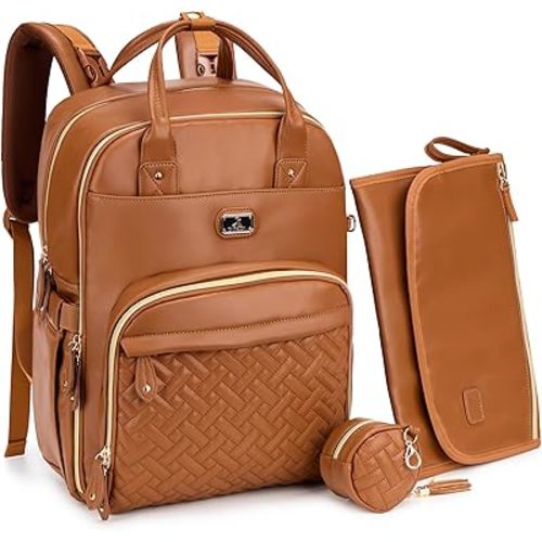 Dikaslon Leather Diaper Bag Backpack with Portable Changing Pad, Pacifier Case and Stroller Straps, Large Unisex Baby Bags for Boys Girls, Multipurpose Travel Back Pack for Moms Dads, Dark Brown