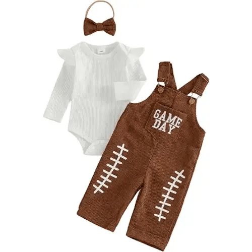 Baby Girl Fall Outfit Football Romper Suspender Overalls Pant Set