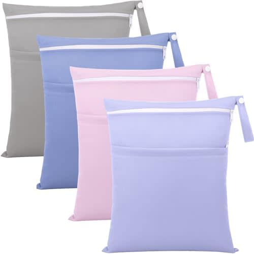 SATINIOR 4 Pack Wet Dry Bags for Baby Cloth Diapers Washable Travel Swimsuit Wet Bags Reusable with Two Zippered Pockets for Yoga Gym Swimsuits Travel Beach Pool Soiled Items(Dreamy Colors)