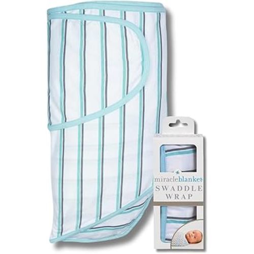 Miracle Blanket Swaddle Wrap – Help Your Newborn Sleep Longer – Soft & Secure Sleep Sack for Infants – Easy-to-Use Swaddling Blanket for a Calm Baby (Blue and Gray Stripes)