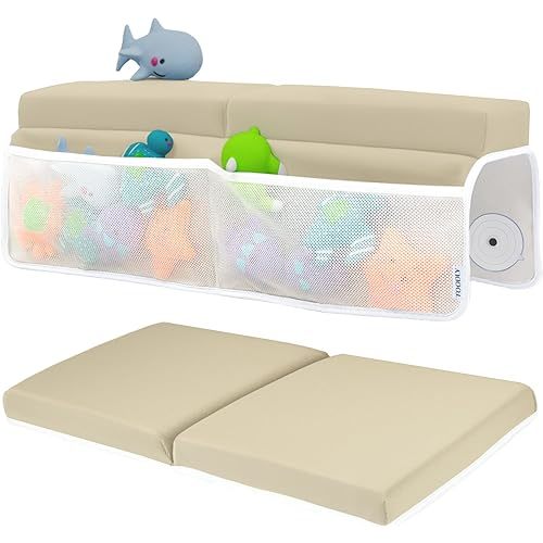 Comfortable Baby Bath Kneeler and Elbow Rest Pad Set – Thick Memory Foam Bath Kneeling Pad with Elbow Support – Baby Bathtub Cushion with Toy Organizer for Bathing Infant or Toddler - Beige