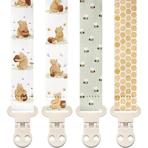 Stadela Baby Pacifier Clip Holder - Boy and Girl Unisex 4 Pack Gift Set – Vintage Classic Neutral Honey Winnie Bear and Bees Beige Yellow and Green
