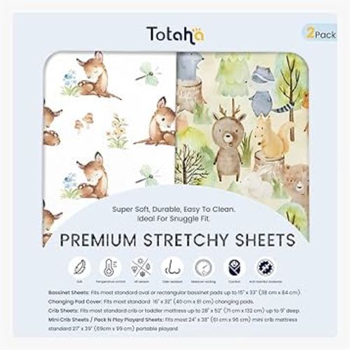 TotAha Mini Crib Sheets 24x38, Ultra Soft Pack N Play Sheets Fitted Boy Girl, Super Stretchy Jersey Knit Pack and Play Mattress Sheets, Hypoallergenic, Forest Bear & Cute Deer
