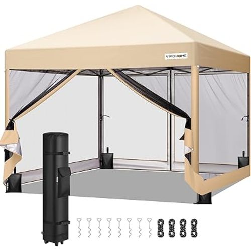 VIVOHOME 10x10ft Easy Pop-Up Canopy, Outdoor Screen Tent with Mosquito Netting, 2 Zipper Doors, and Roller Bag for Yard Camping Picnic Party Events, Beige