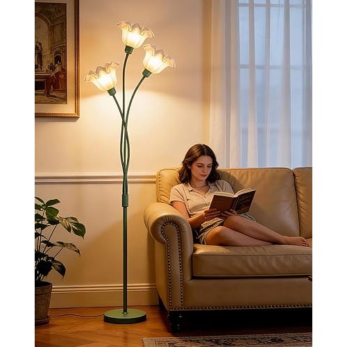Flower Floor Lamp for Living Room, Modern Tree Floor Lamp with Adjustable Heads, 3 Light 3000K Soft Warmwhite Mid Century Standing Tall Lamp for Bedroom Kids Room-Green
