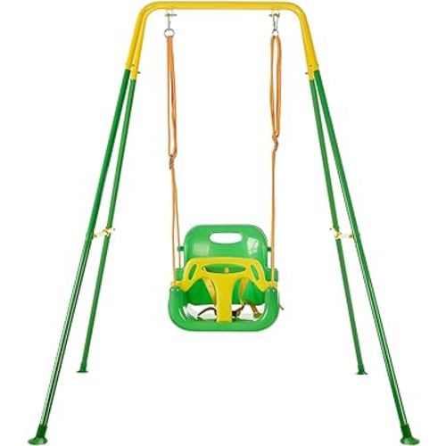FUNLIO 3-in-1 Toddler Swing Set with 4 Sandbags, Indoor/Outdoor Baby Swing with Foldable Metal Stand, Kids Swing Set for Backyard, Clear Instructions, Easy to Assemble & Store, Light Green