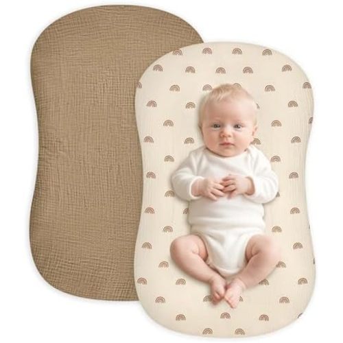 Hooyax Muslin Baby Lounger Cover 2 Pack, Soft and Breathable Newborn Lounger Cover, Adorable Baby Nest Slipcover for Boys Girls, Covers Only (Brown, Rainbow)