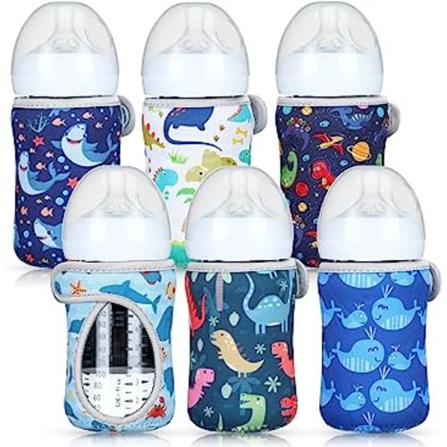 Irenare 6 Pieces 8 oz Glass Baby Bottles Sleeve Covers Bulk Neoprene Adjustable Newborn Feeding Bottles Protector Replacement Heat Cold Retention Sleeve for Nursing Infant (Shark, Whale, Dinosaur)
