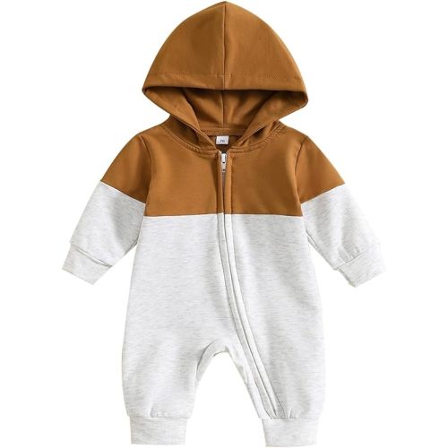 BemeyourBBs Newborn Baby Boy Clothes Color Block Long Sleeve Zipper Hooded Romper with Pocket Fall Winter One Piece Outfits