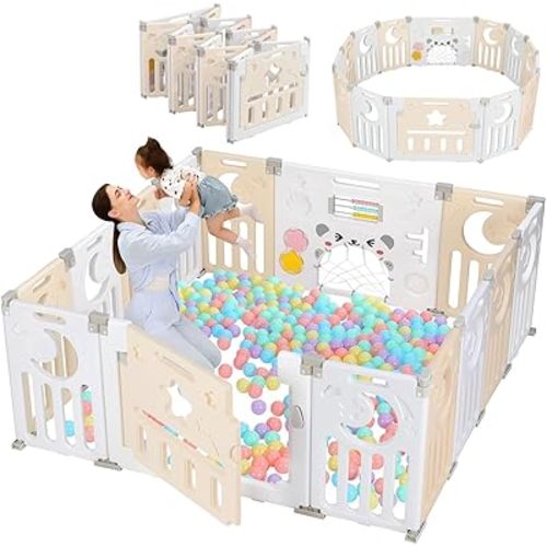 Baby Playpen, Dripex Baby Playard for Babies and Toddlers, 14-Panel Foldable Playpen Adjustable Portable Play Area, Indoor/Outdoor Kids Active Center with Game Panel & Safety Gate, Yellow White