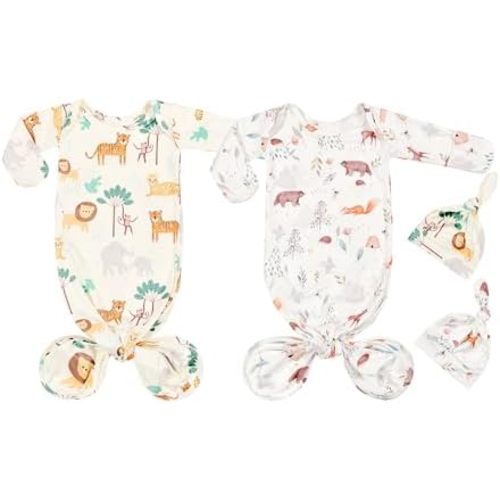 Newborn Knotted Gown Nightgown Soft Sleeper Gown with Hat Set for Baby Boy or Girl-2 Pieces