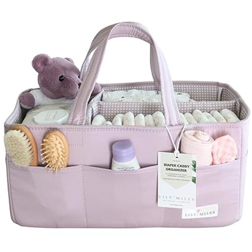 Lily Miles Baby Diaper Caddy Organizer, Wipeable Diaper Organizer Basket with 8 Pockets for Newborn Essentials, Baby Shower Gifts, Nursery Tote Bag for Changing Table or Car (Rosy Lilac, Large)