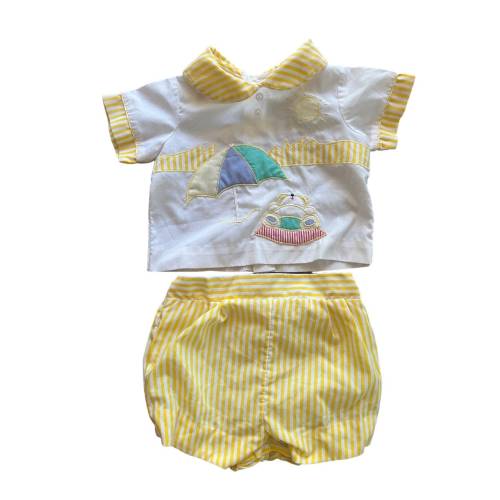 Vintage 80s Baby 2 Piece Yellow Beach Bear Sun Yellow Striped Outfit - Petit Jouet - 3 - 6 month