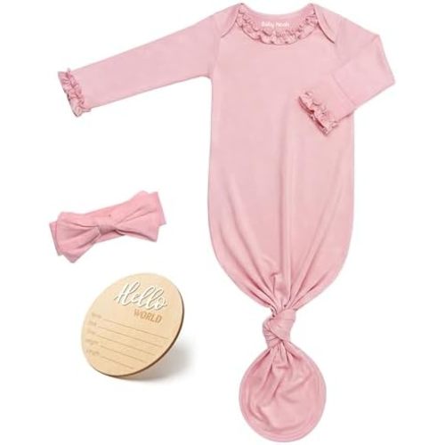Newborn Knotted Gown for Baby Girls with Ruffle Neck & Sleeves, Infant Sleepers Gown with Bow Headband & Announcement Sign