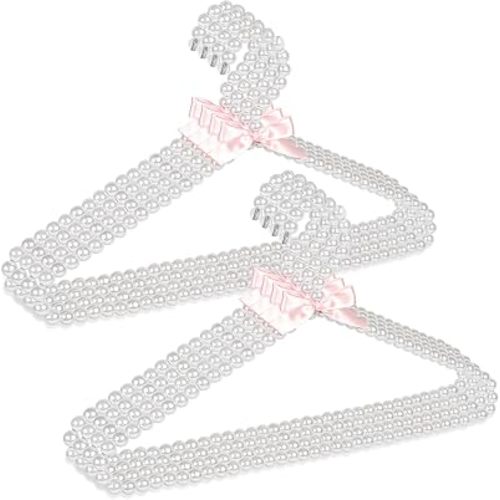 Concepts Premium Heavy Duty Pearl Hangers with Pink Ribbon Trim for Wedding and Engagement Gowns - Slim Design Also Can Be Used for Suits and Shirts (White Pearl, 8 Pack)